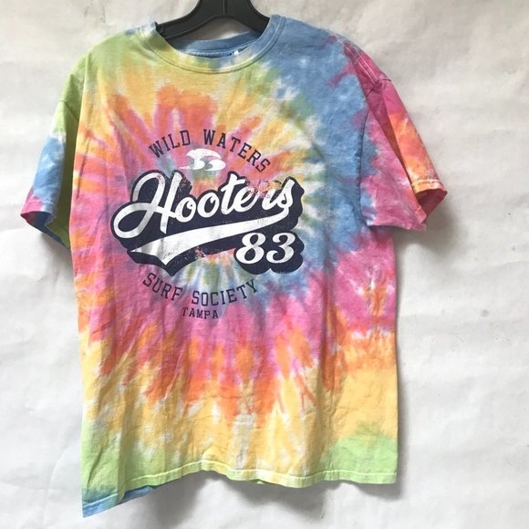 colortone Tops - Hooters Tie Dye Tampa Size Large Pink Spiral Rainbow Cotton EUC Surf Society